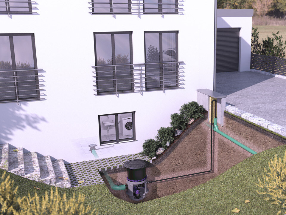Inbouwvoorbeeld van het pompstation Aquapump Medium voor fecaliënvrij afvalwater